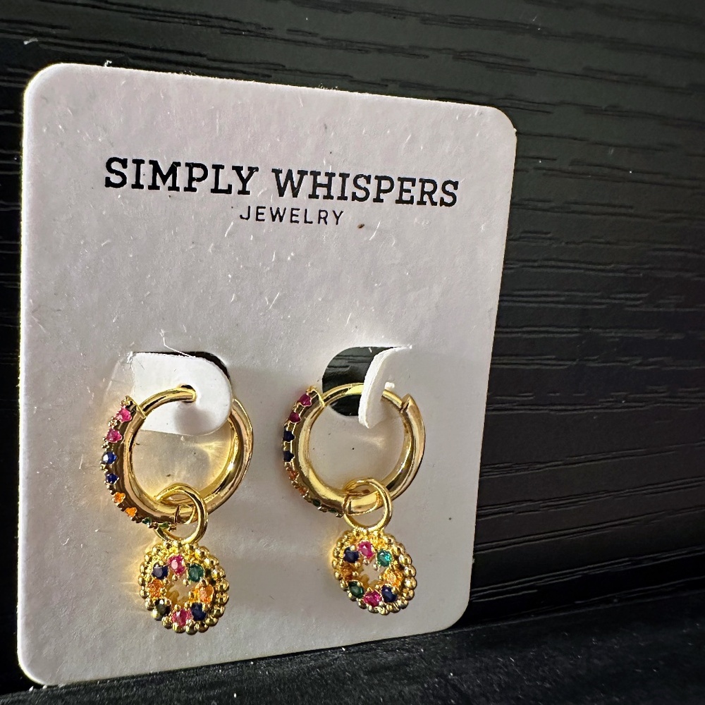 Simply Whispers Dainty Gold Huggies With Rainbow Gemstone Medallion